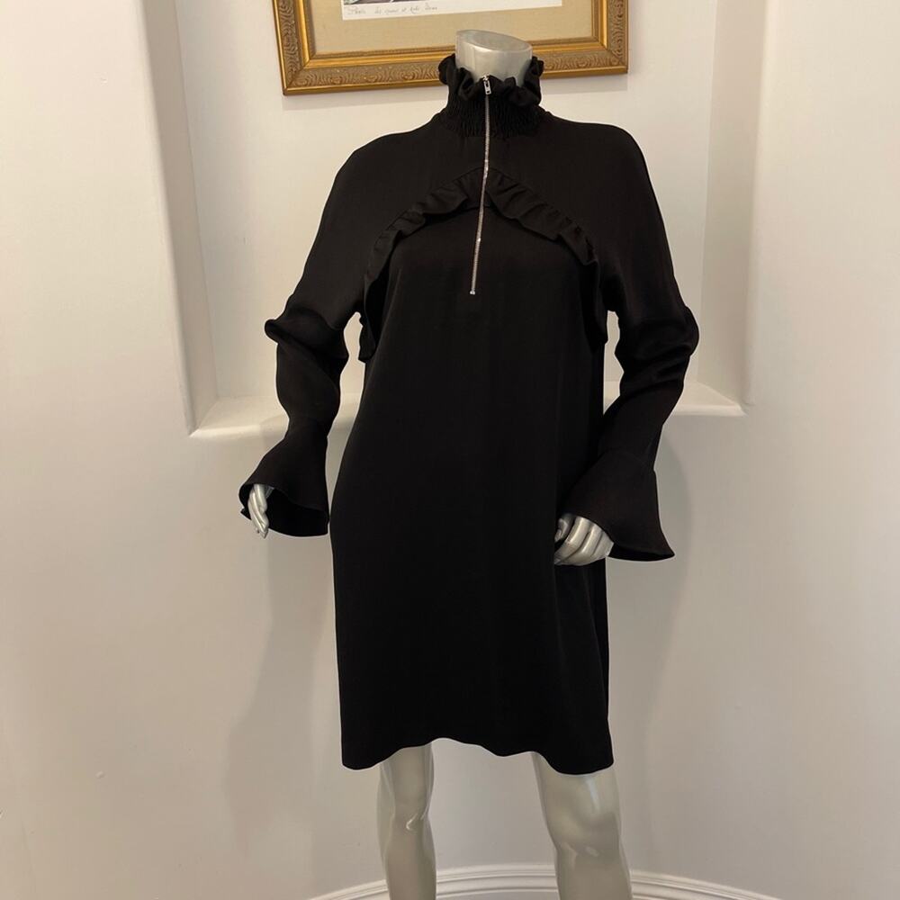 IRO Soniah Black Ruffle High Neck Zip Shift Dress Size 42 NWT $590